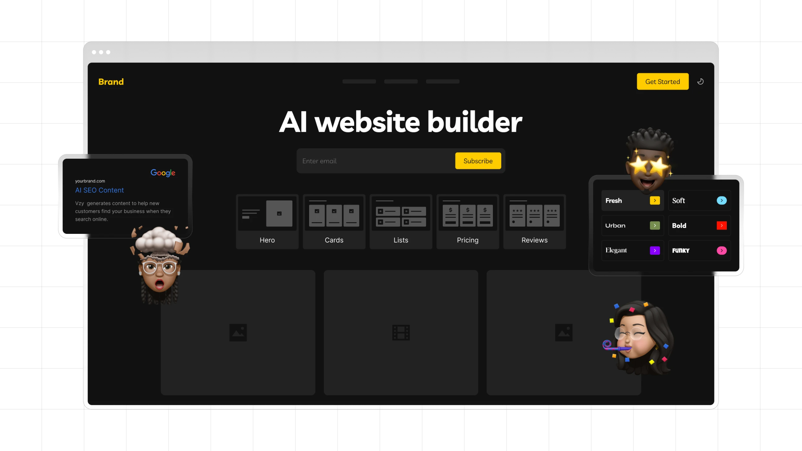 Vzy AI website builder showing features like instant customization, AI SEO content and different responsive sections.