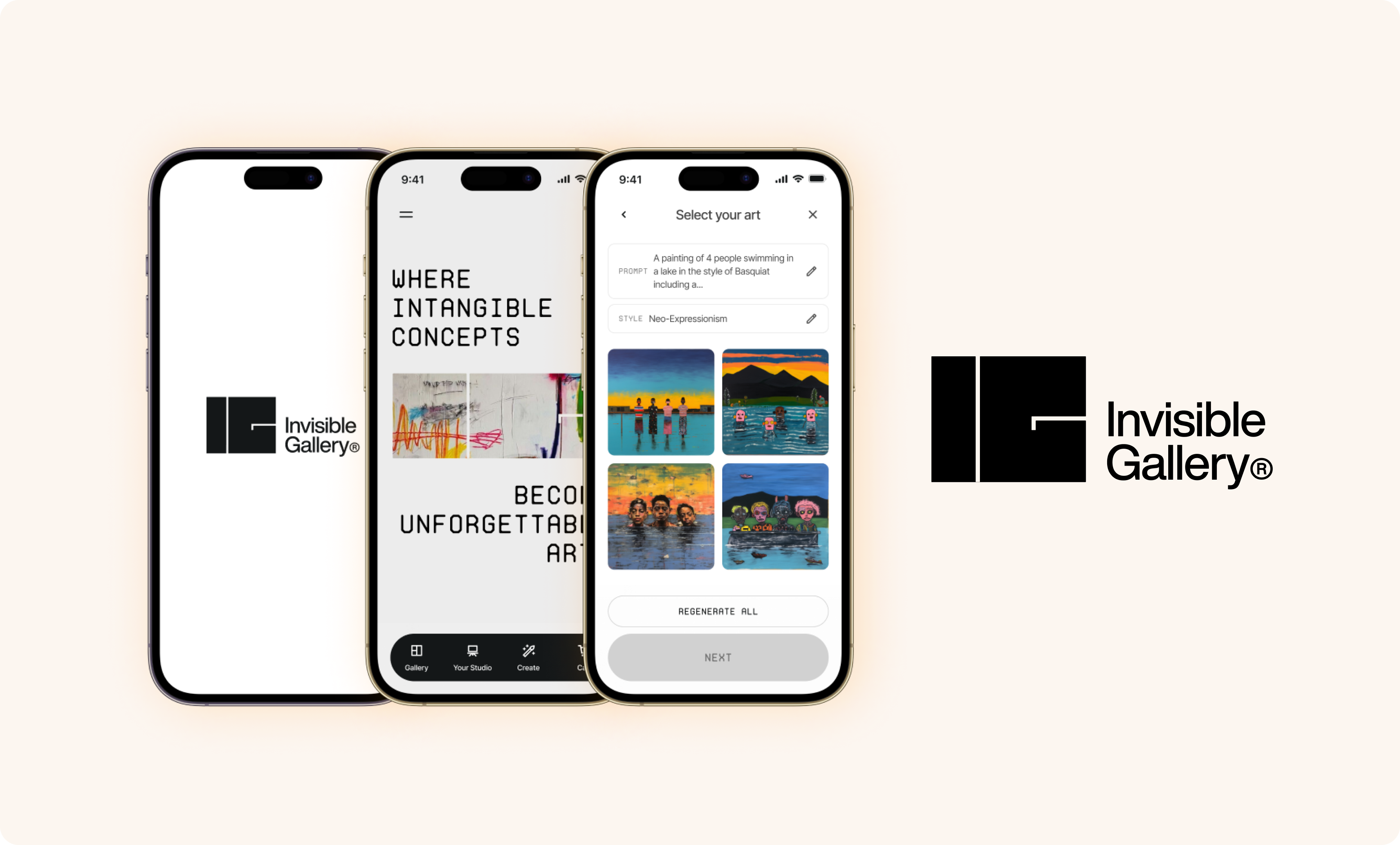 Invisible Gallery Mobile App screens with logo