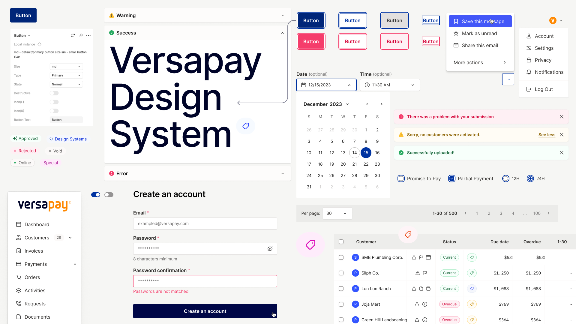 UI examples of Versapay design system new look