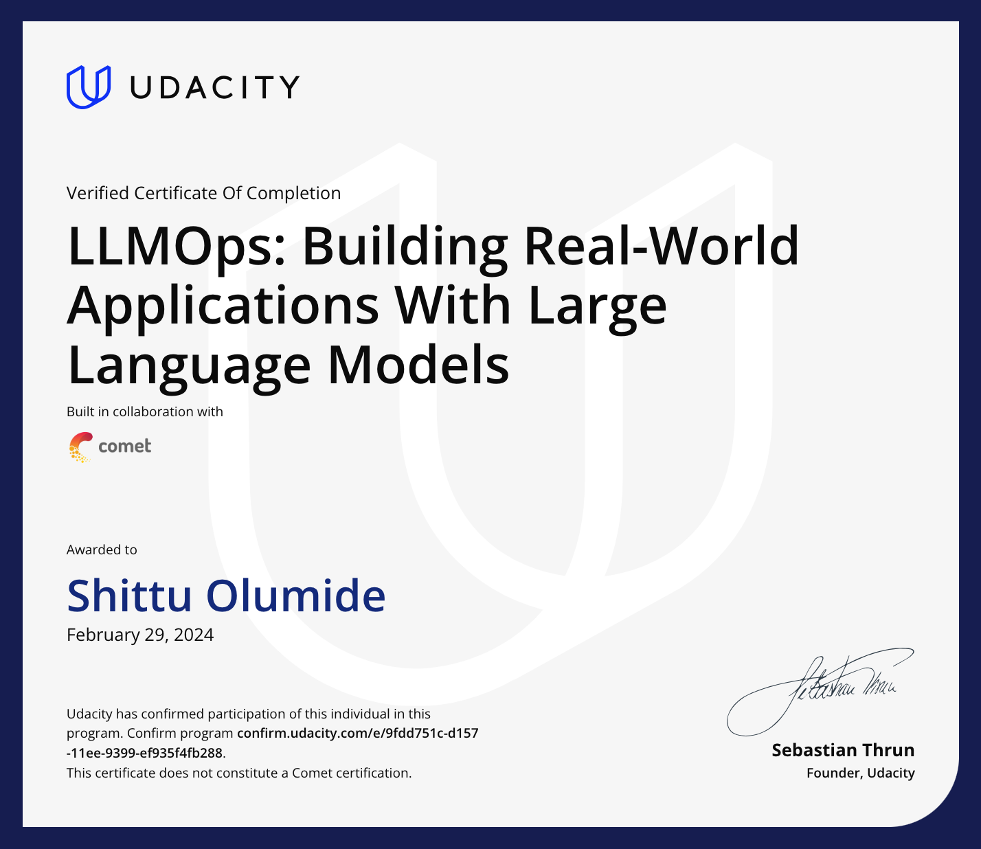 Shittu Olumide Udacity certificate