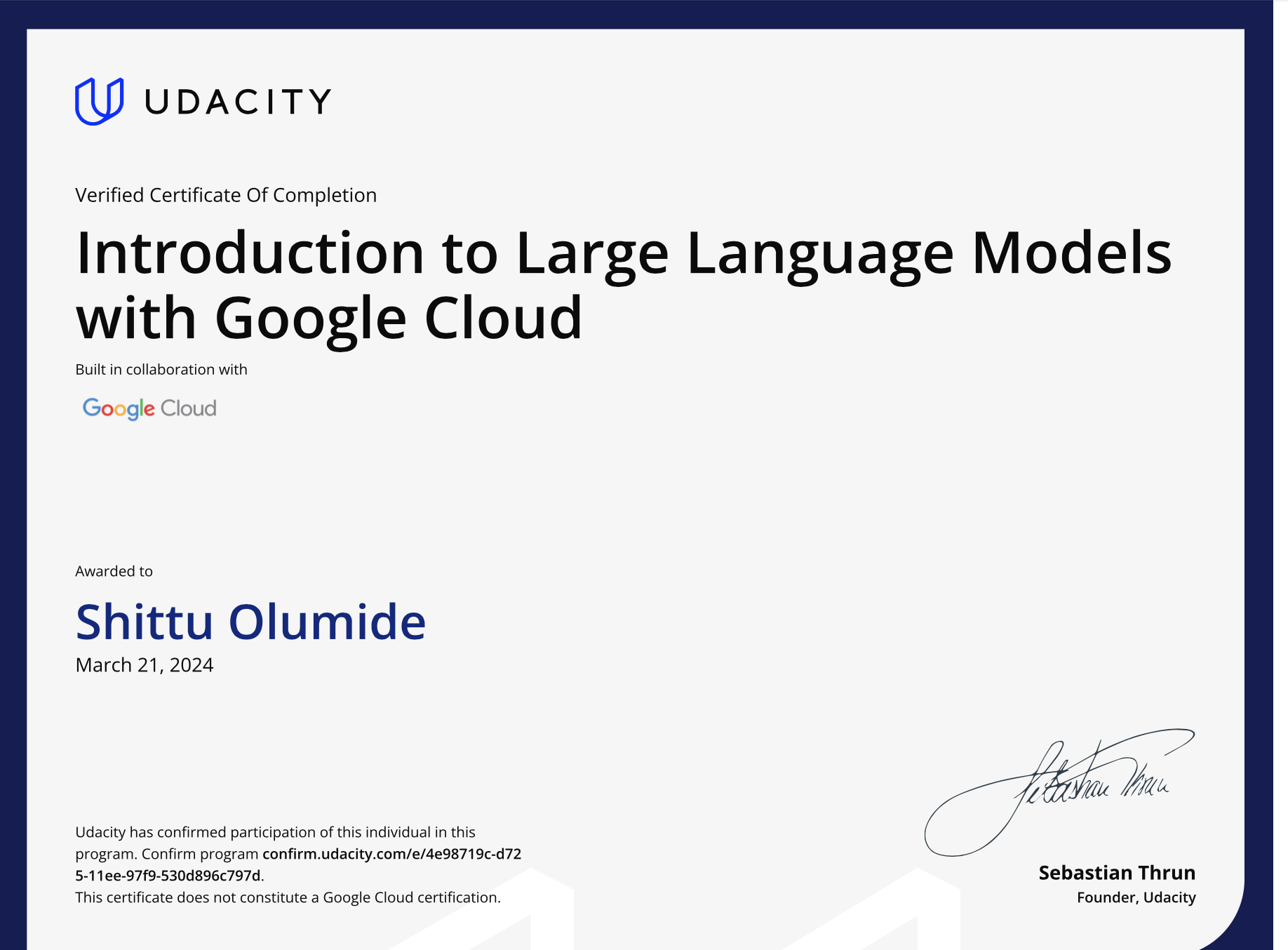 Shittu Olumide Intro to LLM with Googlw cloud certificate