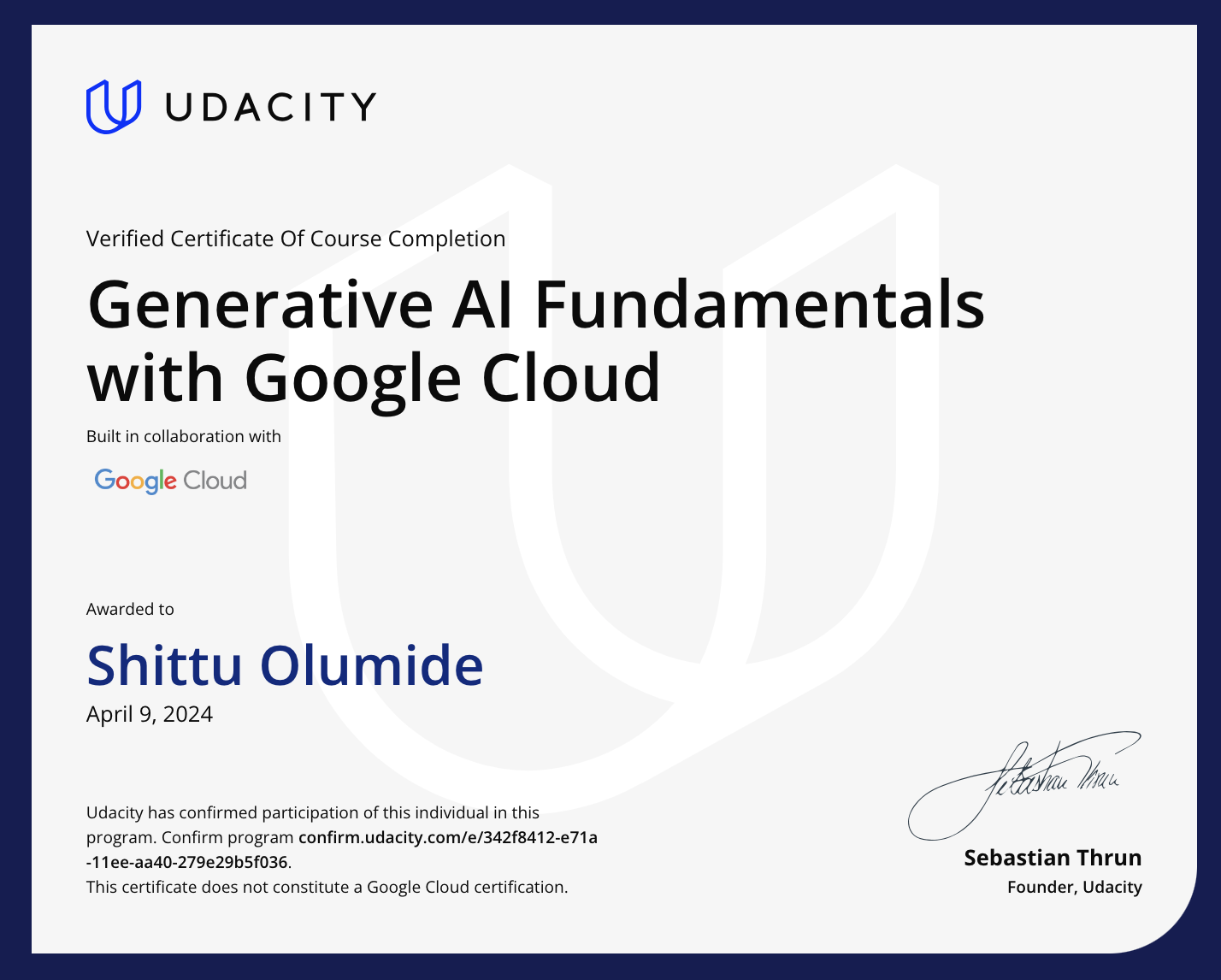 Shittu Olumide Generative AI Fundamentals with Google Cloud Certificate