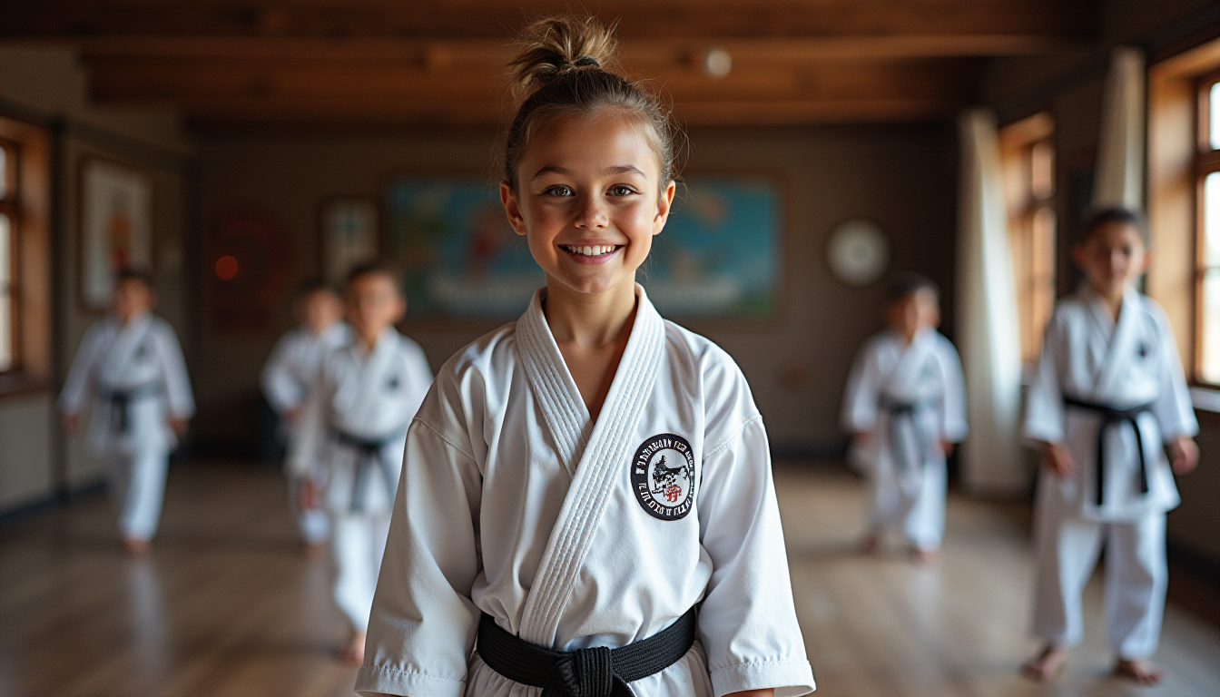 martial art students in their uniforms standing at attention