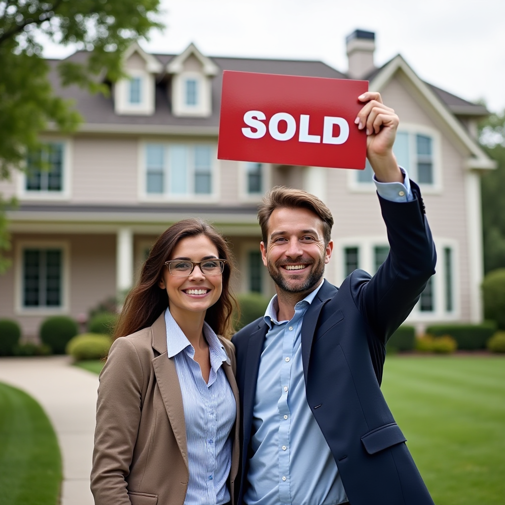 real estate agents, man and woman agent. House that shows a "SOLD" sign at a beautiful house in the suburbs.
