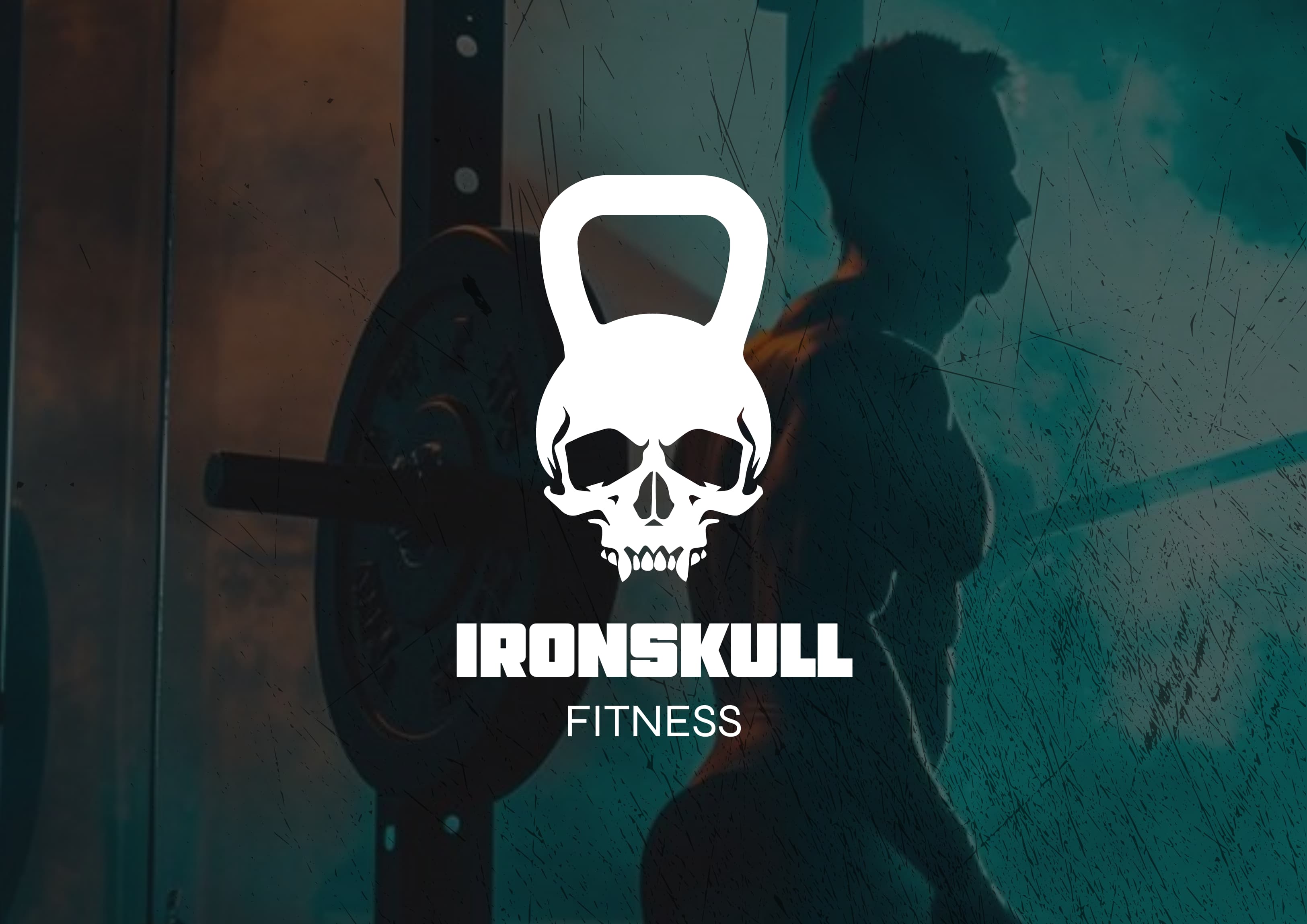 Ironskull fitness logo design with gym background.