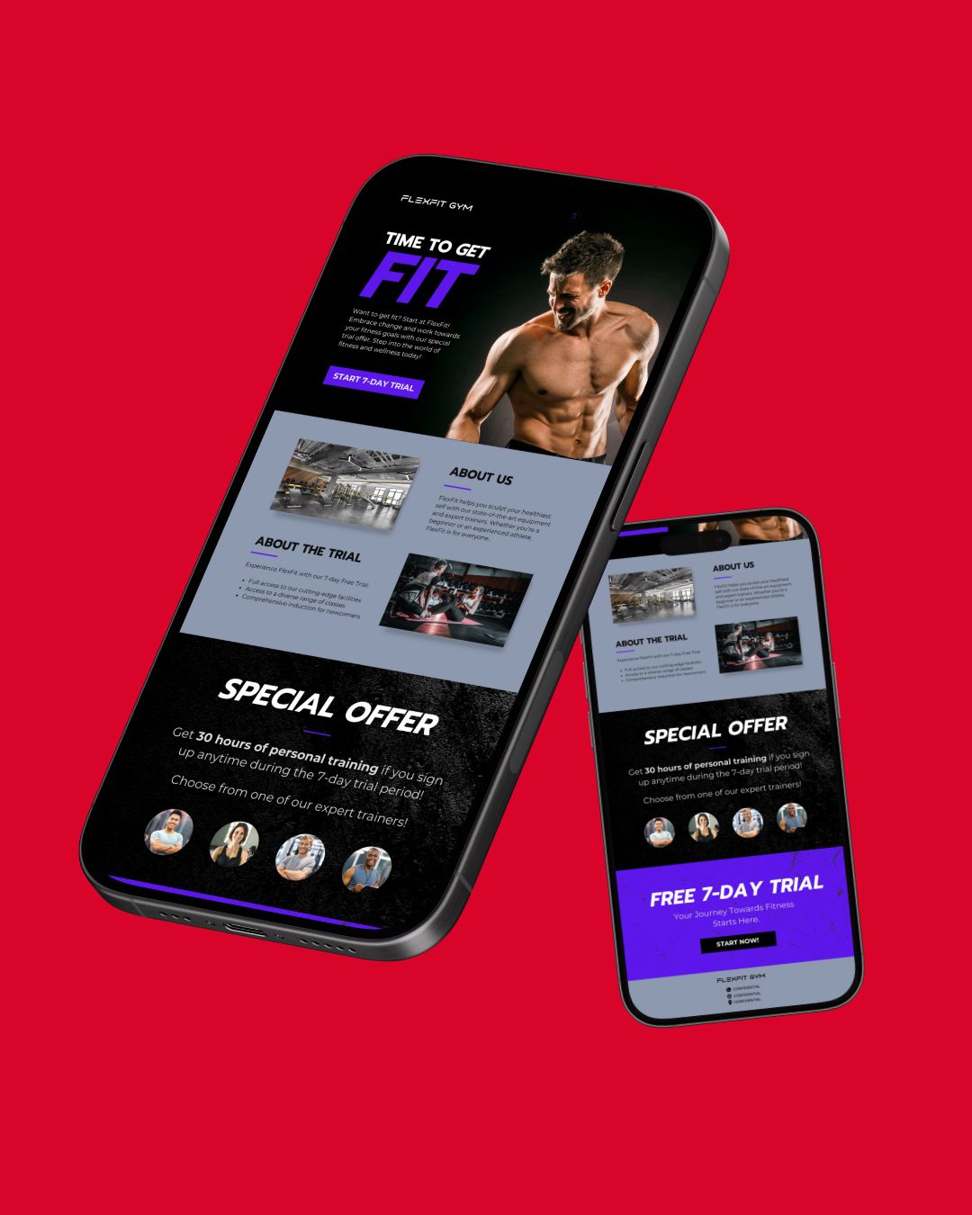 Two smartphones displaying fitness app screens with workout options and a special offer promotion on a red background for Health &amp; Fitness Email Marketing.