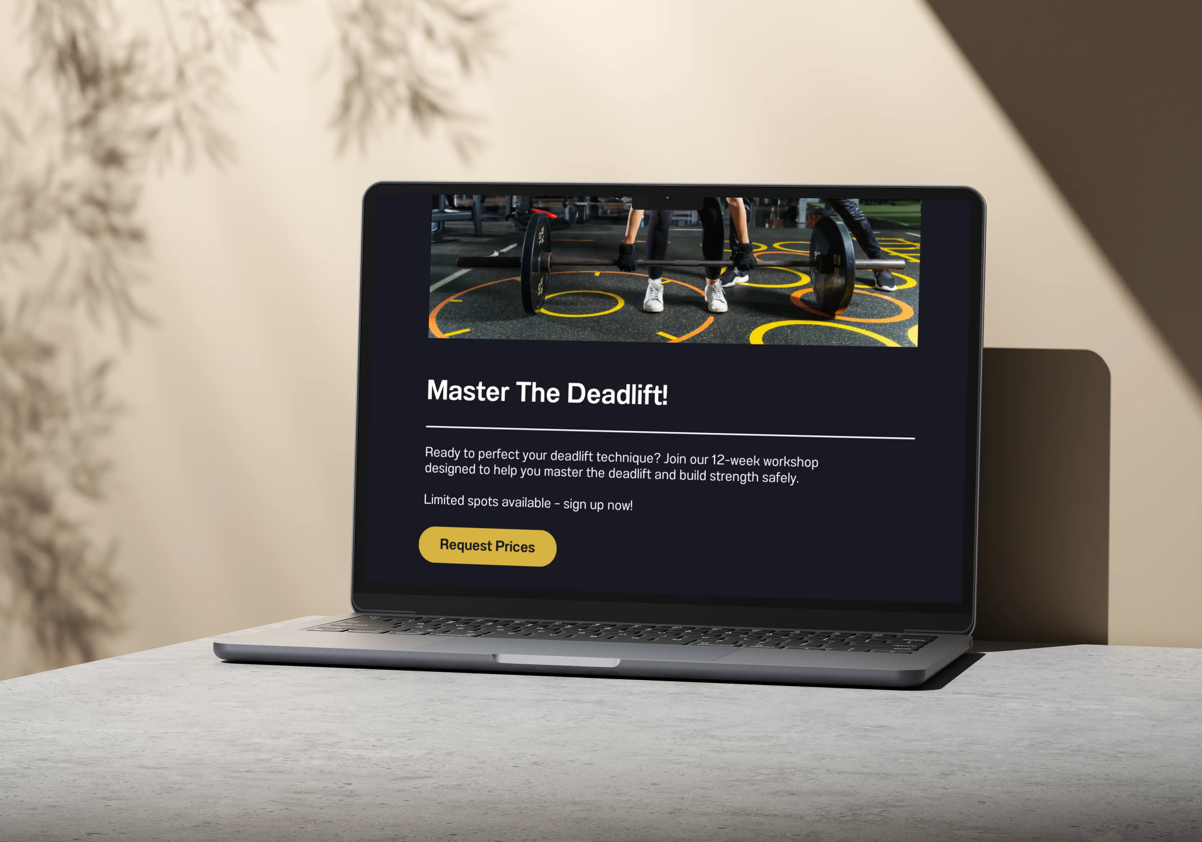 Laptop screen displaying an email marketing advertisement for a deadlift technique workshop focusing on health & fitness.