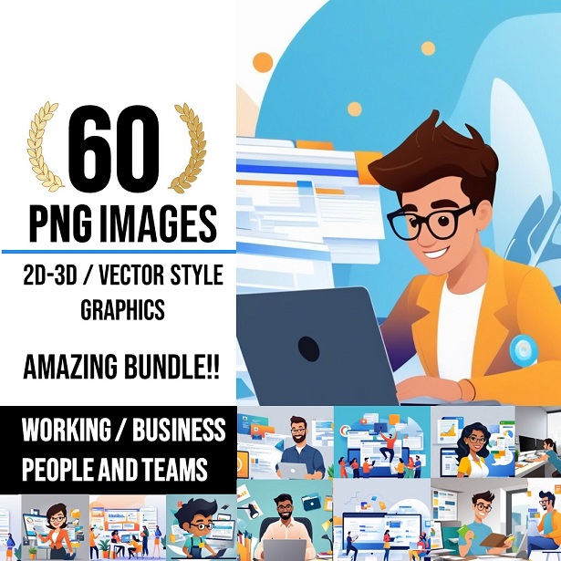 Cover image for the bundle package of 60 AI illustrations, of workers & teams in marketing, webdesign, tech teams working and sharing ideas