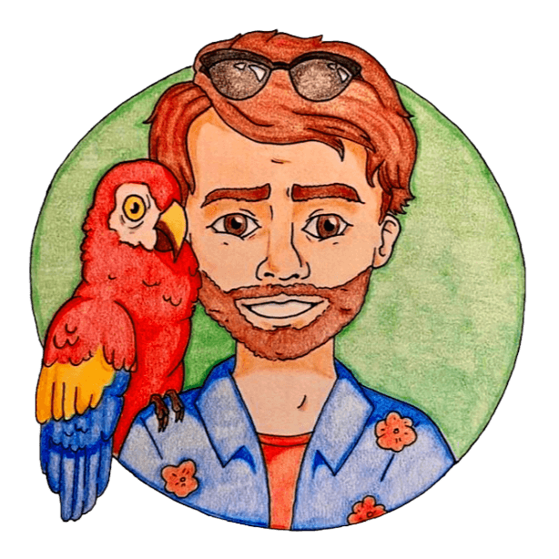 Photo of the John Jay Bikes YouTube channel logo. Featuring a drawing of John Jay Thomas in a hawaiian shirt, sunglasses in his hair, and a parrot on his shoulder. 