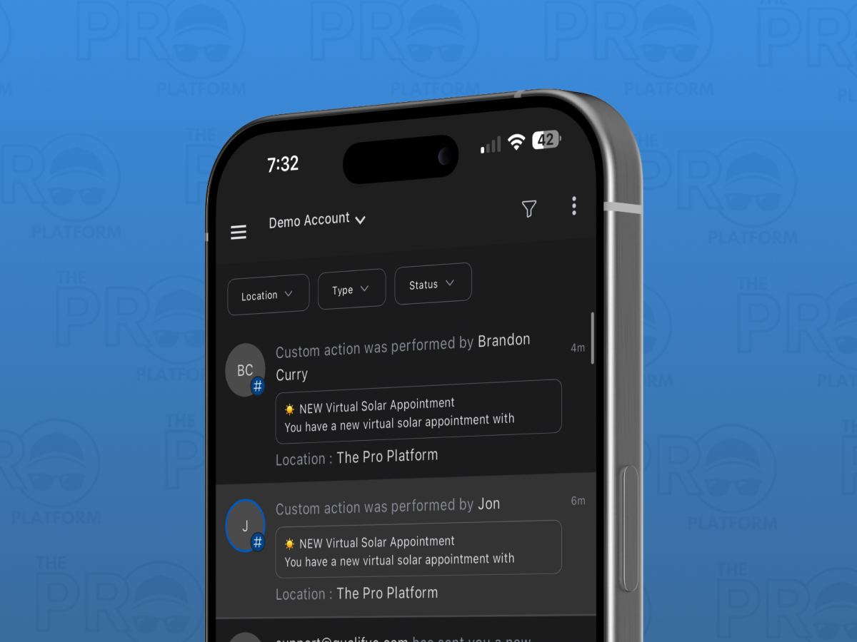 The Pro Platform mobile app displaying instant notifications.