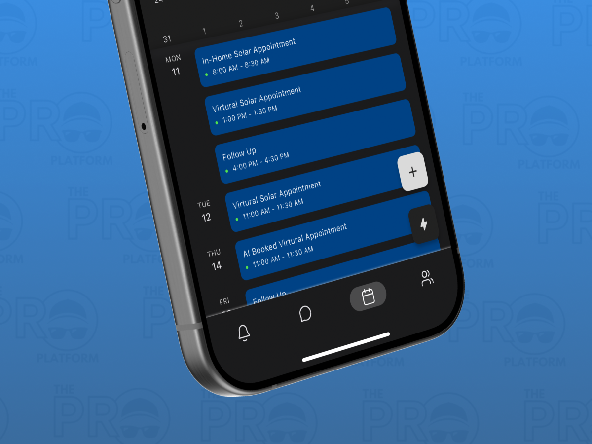 The Pro Platform mobile app displaying the calendar system.