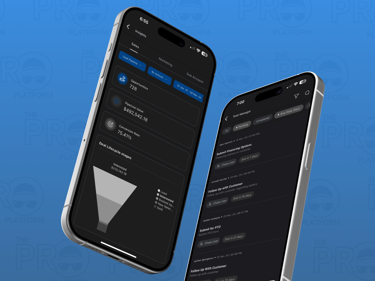 The Pro Platform mobile app being displayed on two iPhone 15 Pro Max.