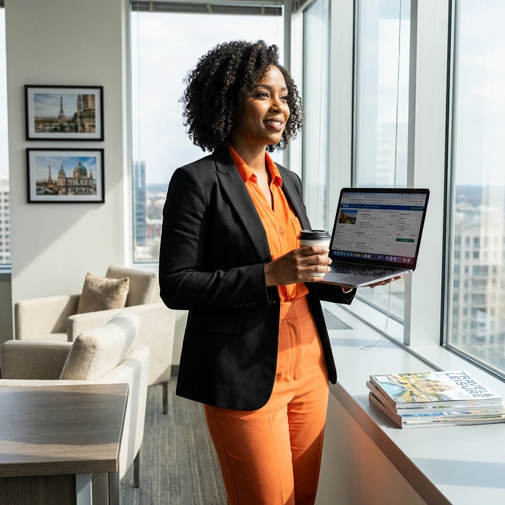Travel professional looking out her window, developing her next steps.