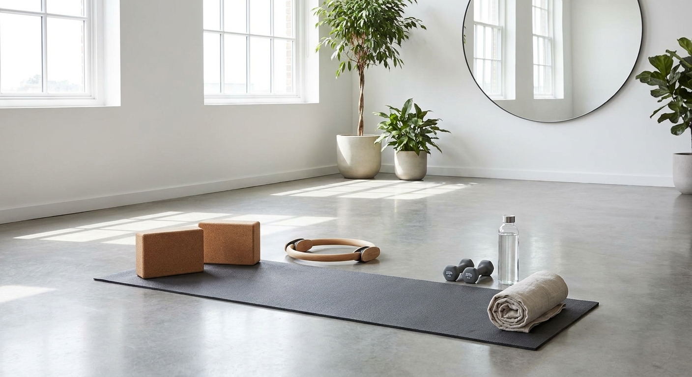 A yoga mat with yoga blocks, Pilates ring, small handweights, a bottle of water and a rolled up yoga blanket in a modern yoga studio.