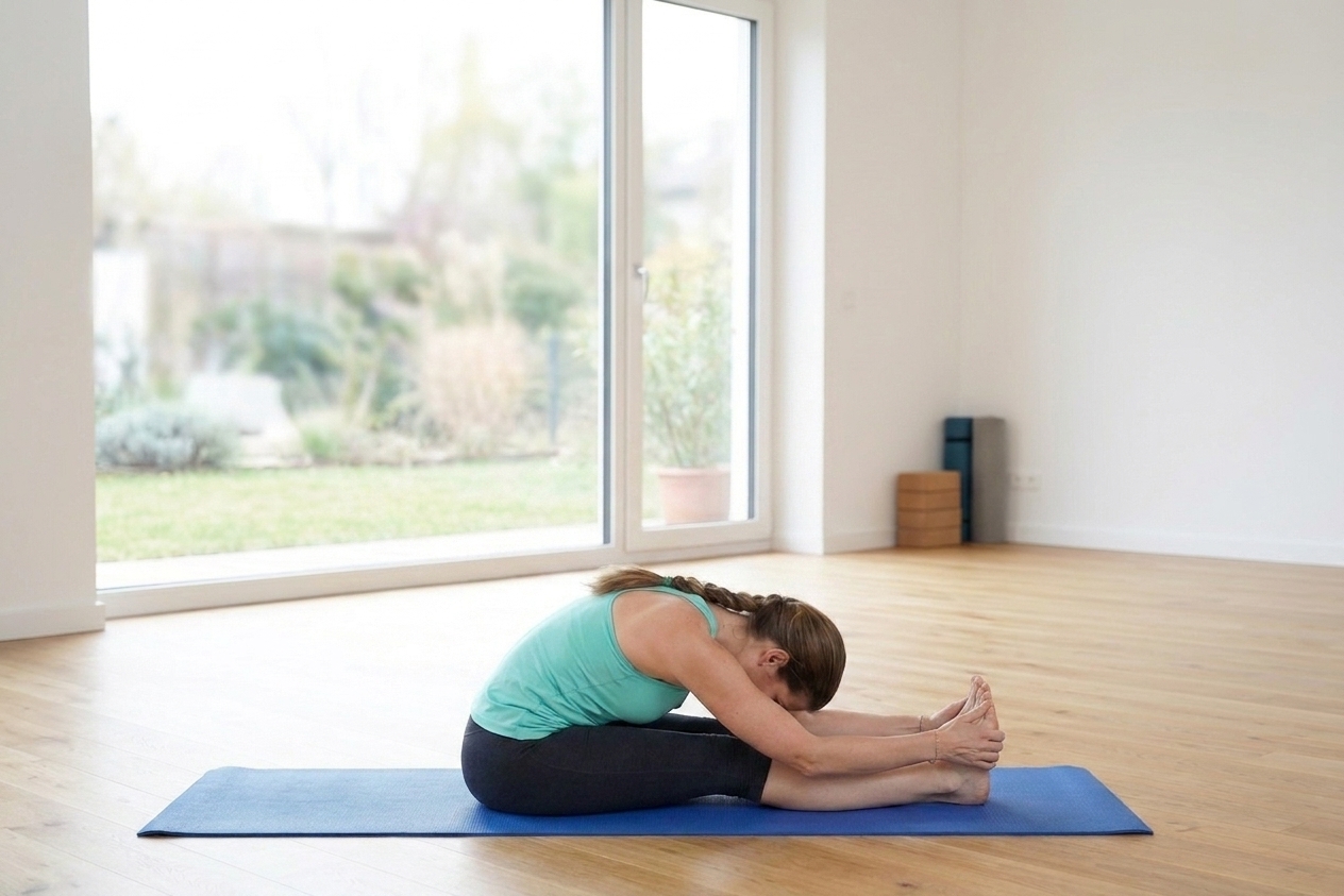 Anja Dobler in a yoga studio in a yoga pose on a yoga mat