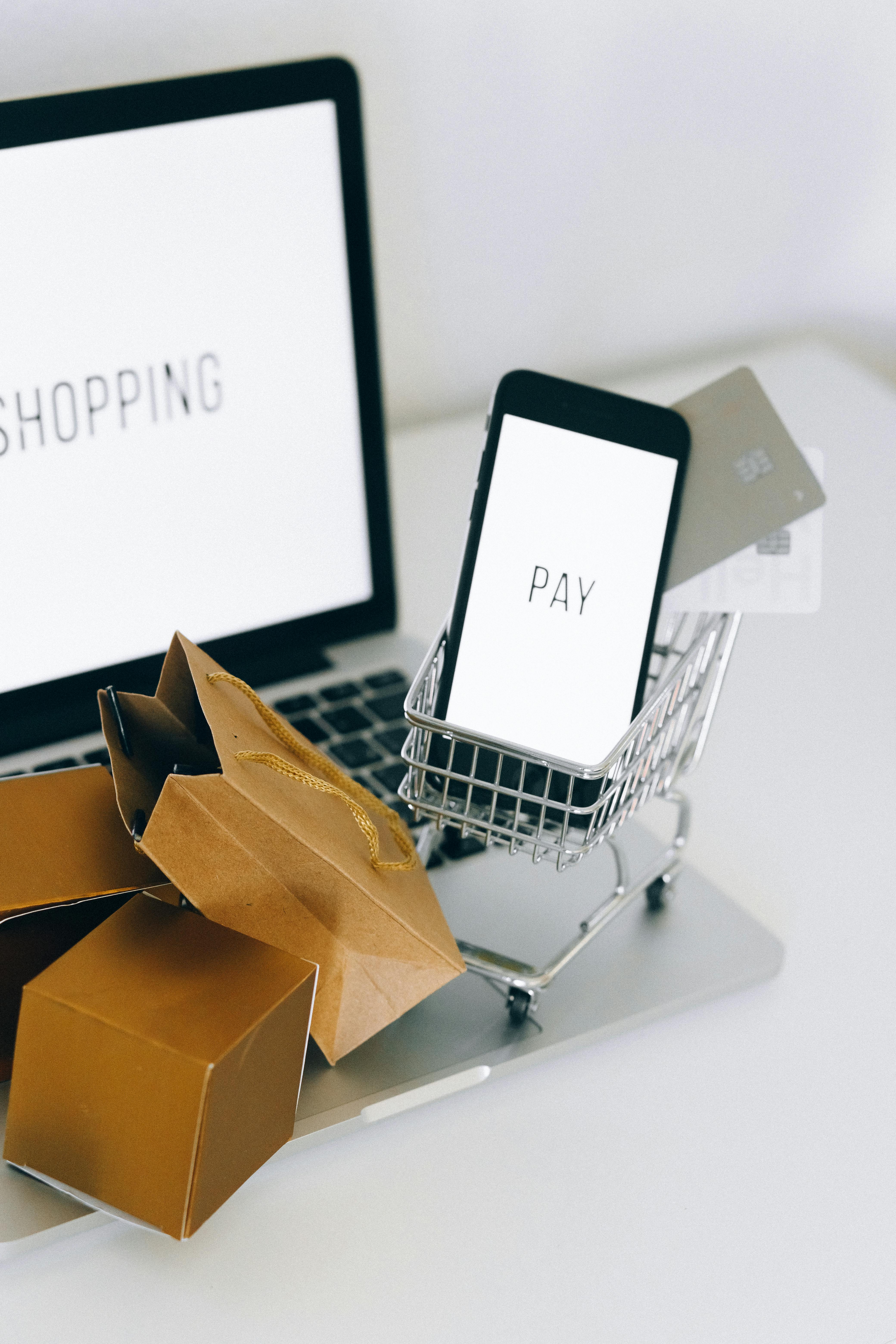 Photo by Nataliya Vaitkevich: https://www.pexels.com/photo/a-miniature-shopping-cart-and-smartphone-on-macbook-laptop-6214480/