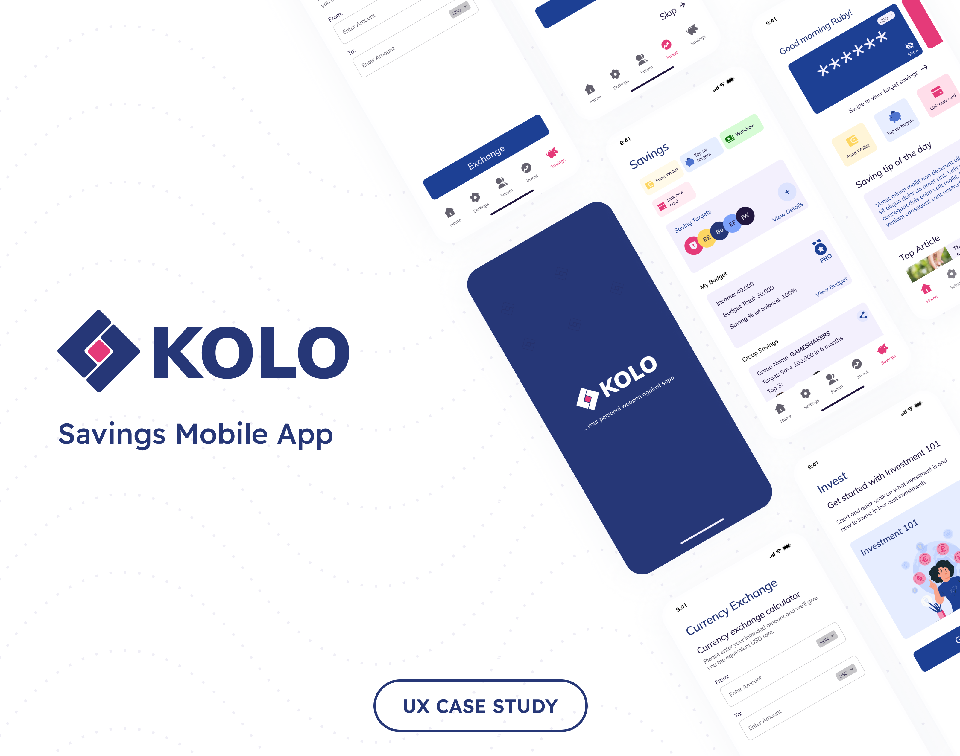 Four mobile app mockup screens showing designs of Kolo app: Homepage, Savings balance, and two savings transaction screens.