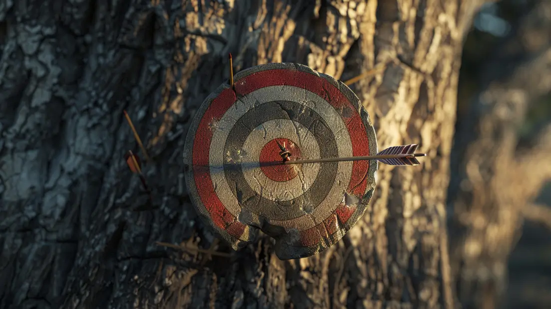 A target board hanging on a tree with one arrow on the bullseye and many arrows hit the tree