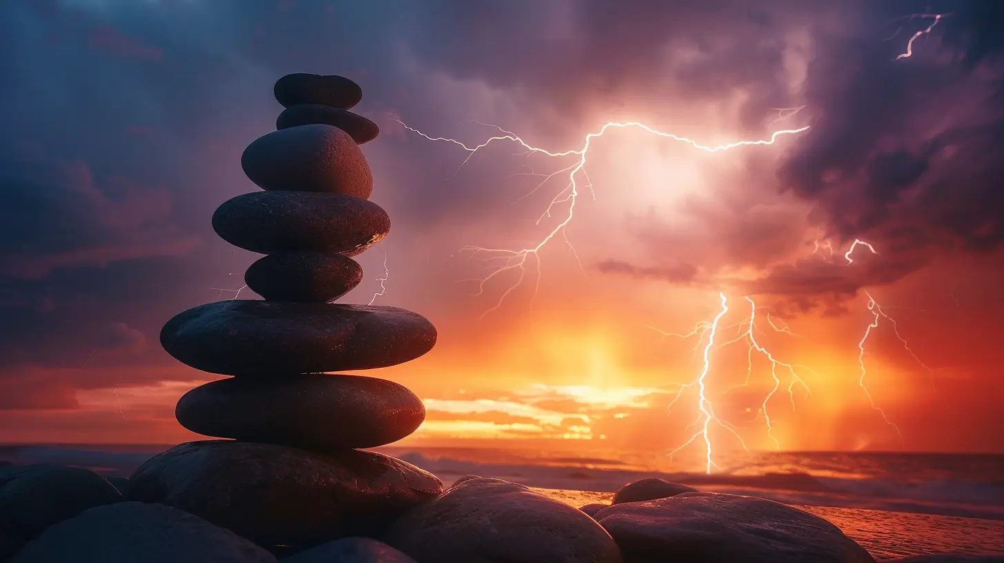 Smooth stones carefully balanced against a backdrop of a stormy sky, illustrating the calm of self-esteem amidst life's chaos.