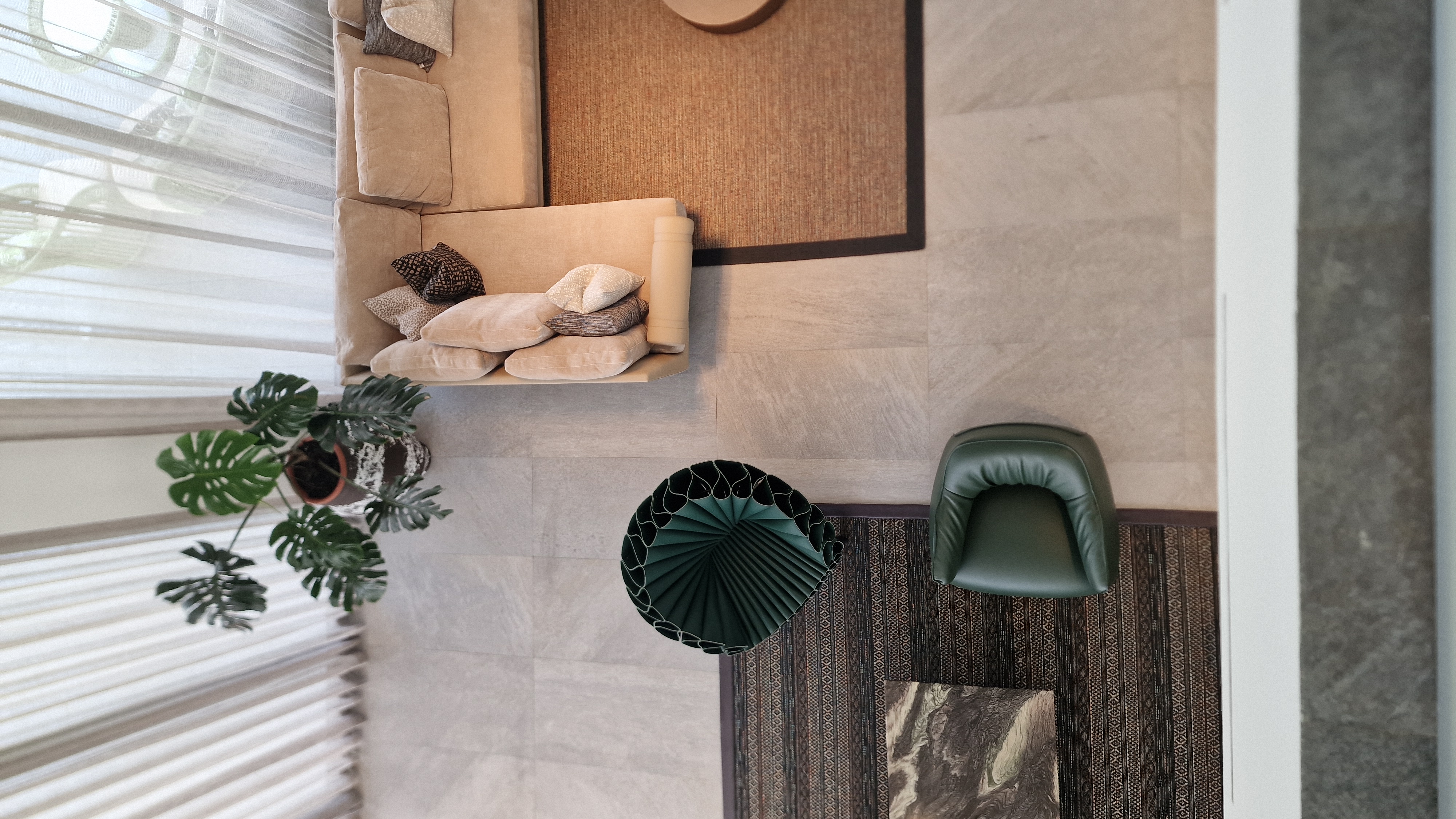 Modern luxury home interior with biophilic design elements, greenery, and natural textures promoting balance and wellness.