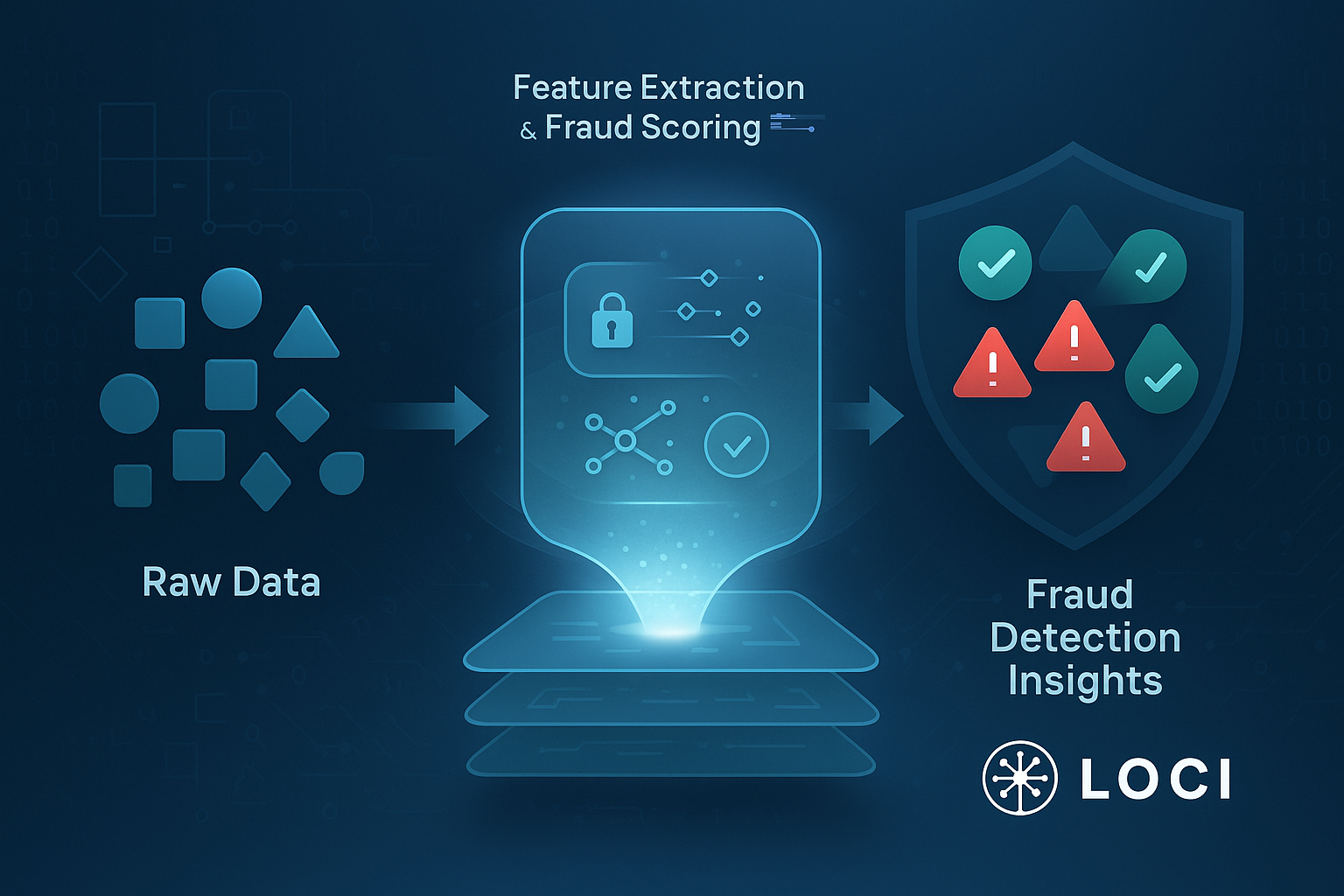 Illustration of feature engineering for fraud detection, showing raw data points being transformed through an analytical process into structured, insightful features used to identify financial risk.