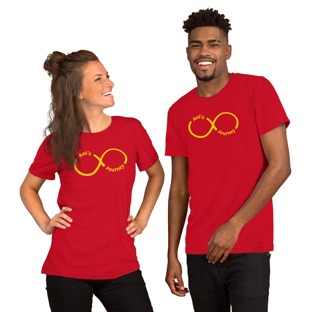 White woman and Black man wearing red shirts that features Ani's Journey logo