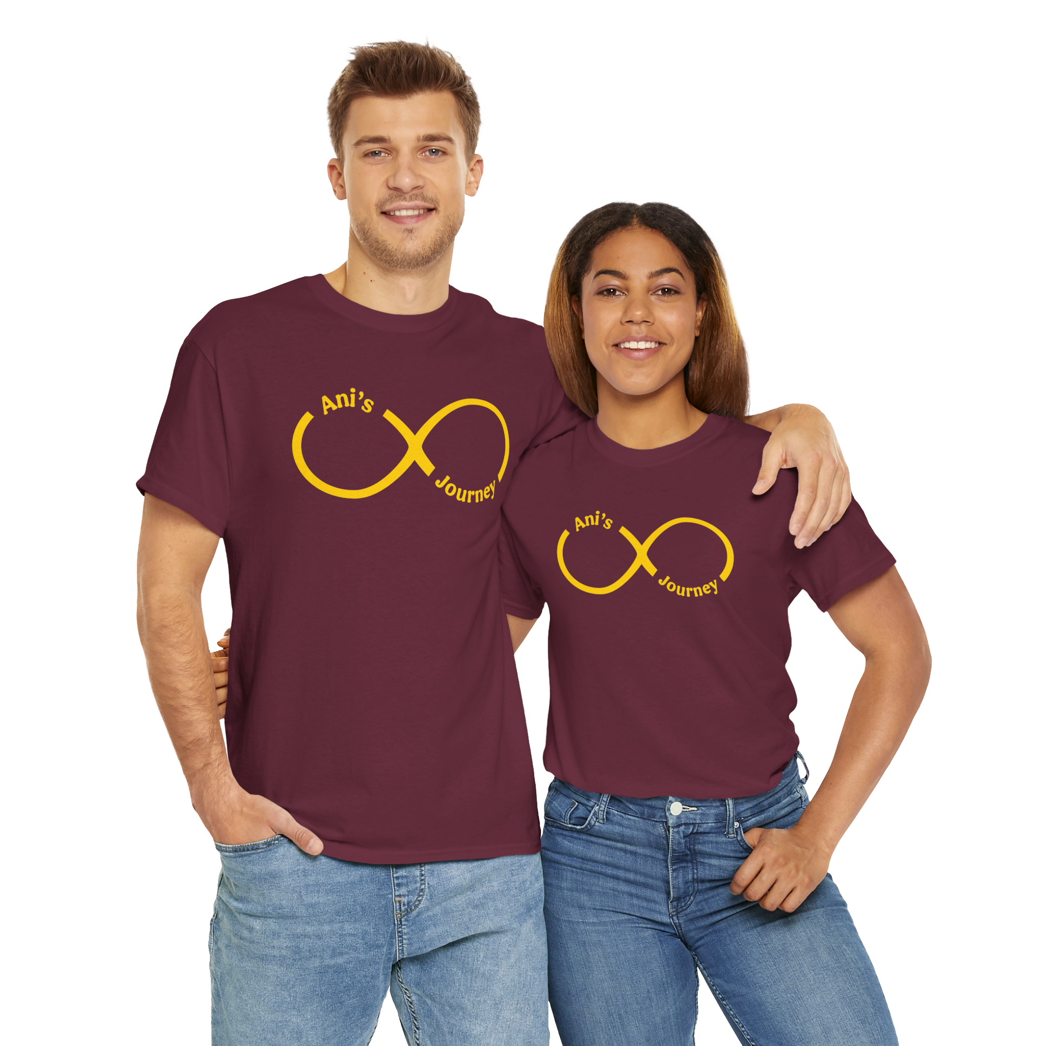 Black woman and White man wearing maroon shirts that features Ani's Journey logo