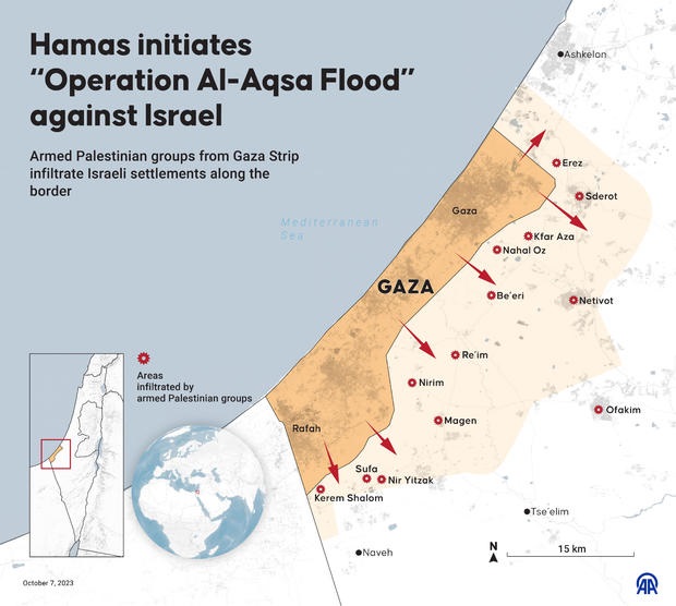 This map highlights several locations across Israel that were targeted in the October 7th Hamas attacks.