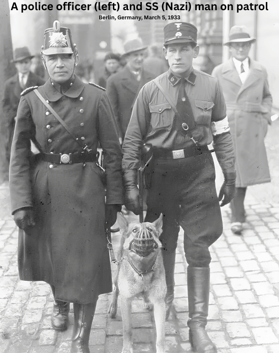 A police officer (left) and SS (Nazi) man on patrol Berlin, Germany March 5, 1933