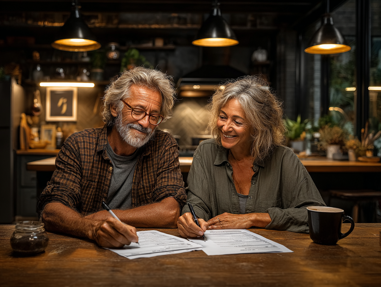 Older couple smiling while reviewing insurance paperwork