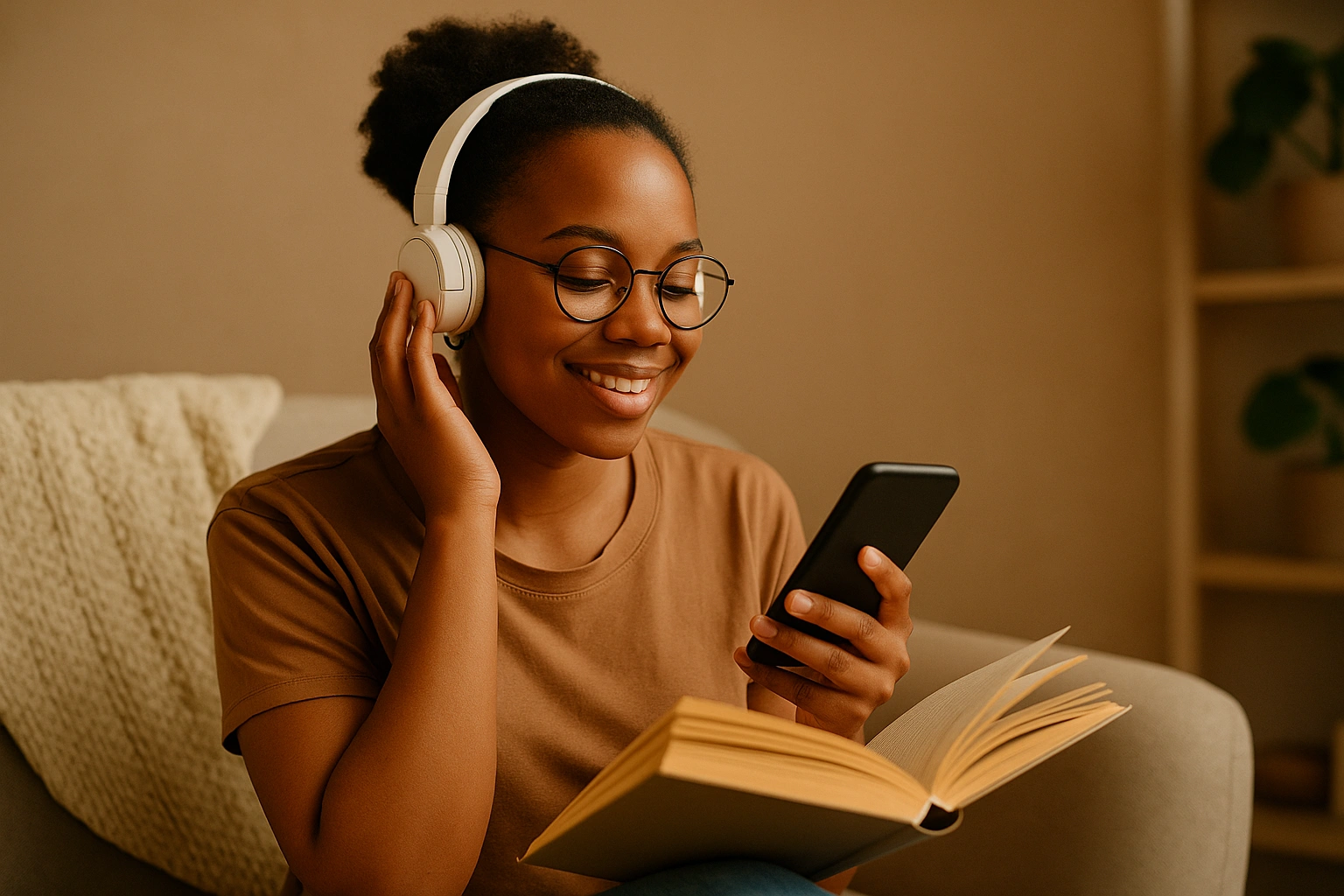 Young African woman listening to an audiobook while holding a book in a cozy, earthy-toned living room