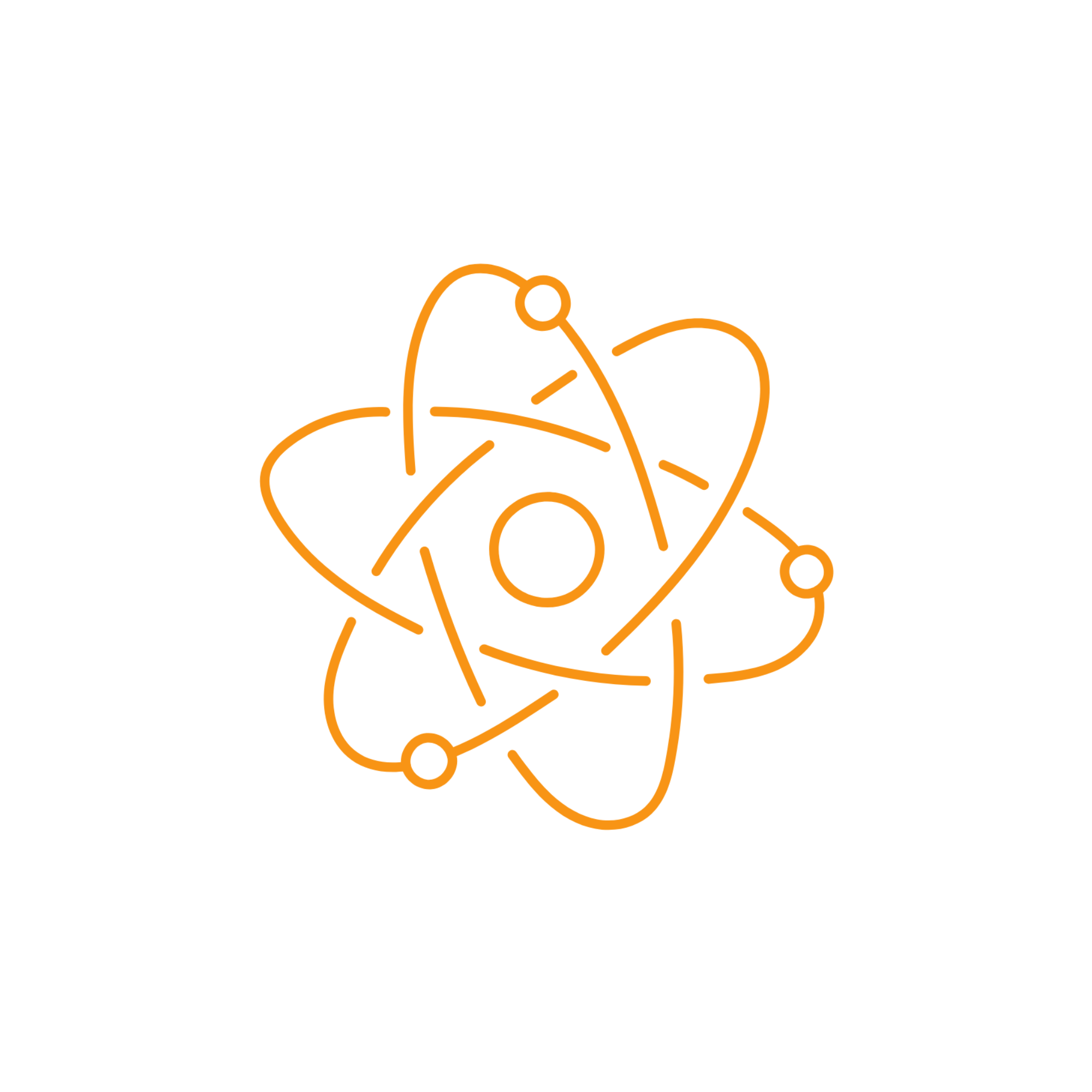 An orange line art illustration of an atom symbol, featuring a central nucleus surrounded by orbiting electrons, set against a plain white background.