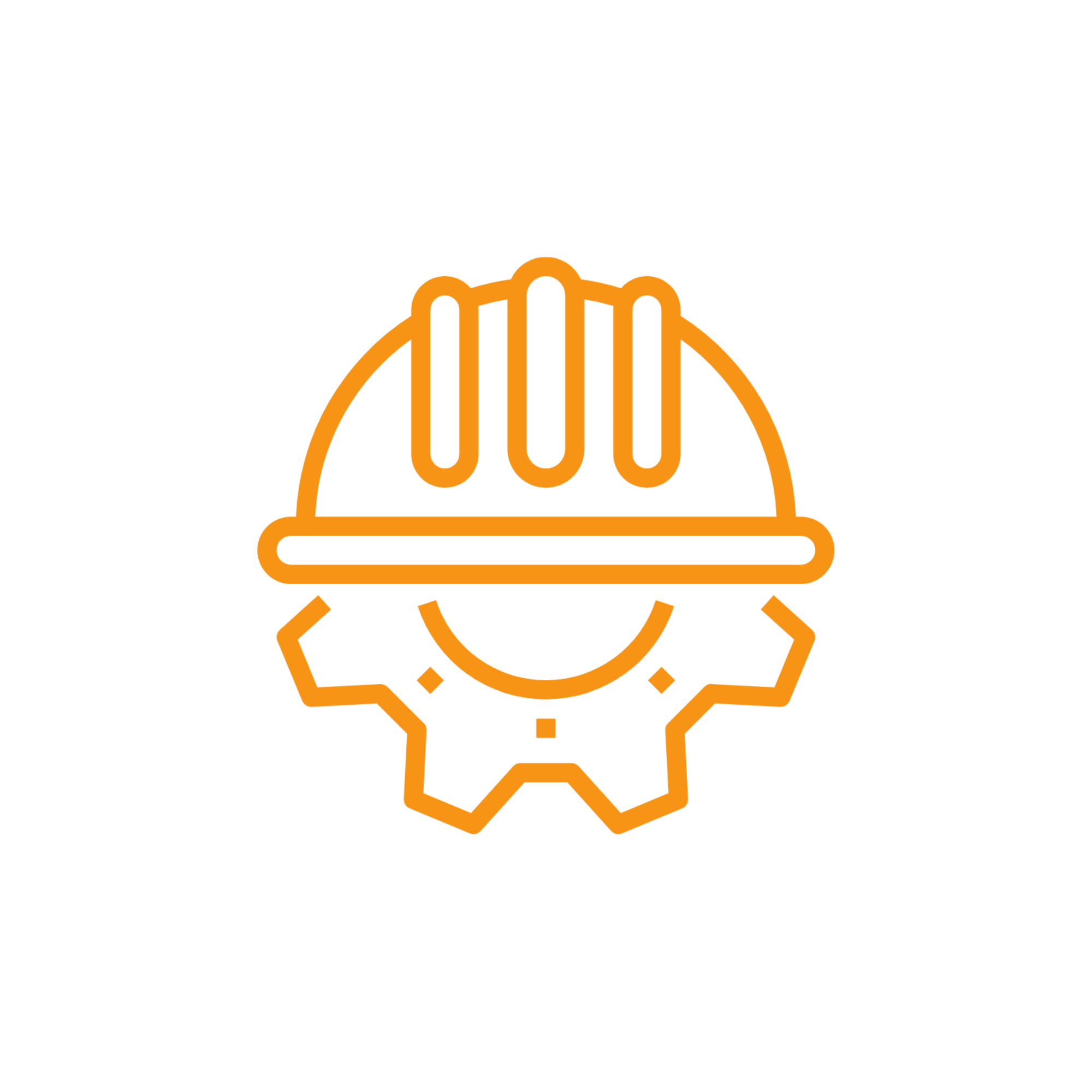 An orange line art illustration of a construction helmet positioned above a gear, representing engineering or construction industry concepts. The background is plain white.