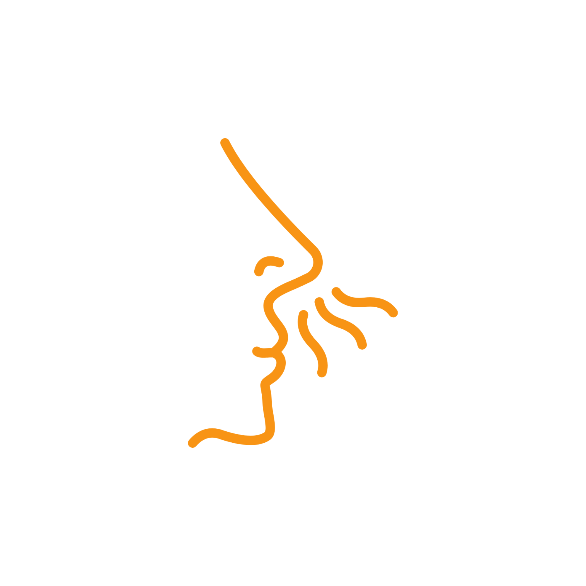 A minimalist line drawing of a human profile, with orange lines. The nose is depicted smelling wavy lines representing a scent, set against a plain white background.