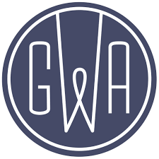 A circular logo featuring the letters 'GWA' in a modern font. The text is white against a dark blue background, with the letters creatively interlinked within a double-lined circle.
