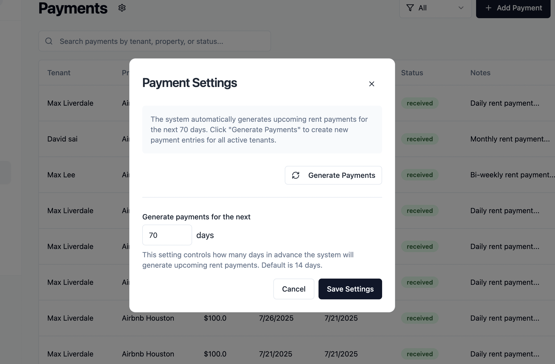 automatically creates upcoming rent payments for the next 30 days.