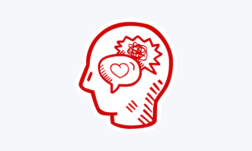 Icon eines Kopfes mit Sprechblasen mit Herz und Verwirrung als Symbol für den Knoten im Kopf