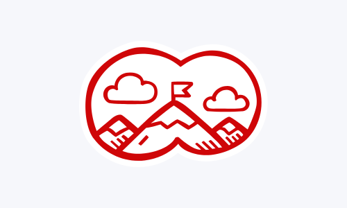 Icon eines Blick durch ein Fernglas auf Berge mit einer Fahne auf dem Gipfel als Symbol für eine Expedition mit dem eigenen Business