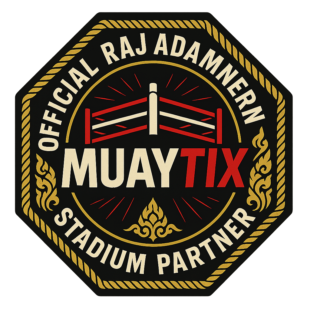 MuayTix is the official Rajadamnern Stadium partner logo, a trusted source for booking authentic Muay Thai tickets in Bangkok.