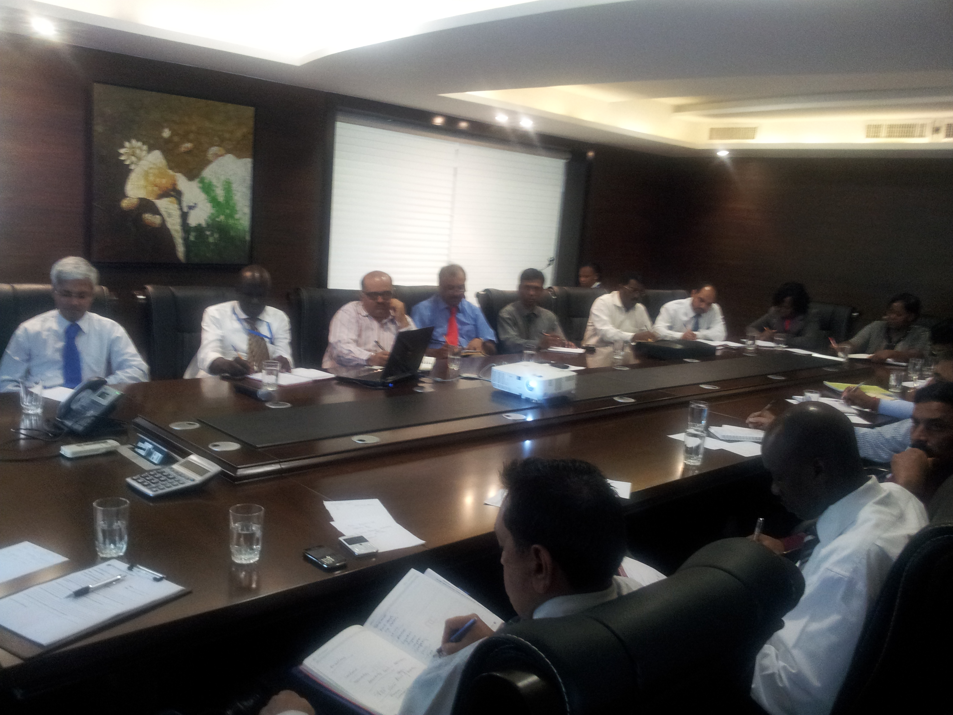 Full board meeting with executives reviewing strategy documents