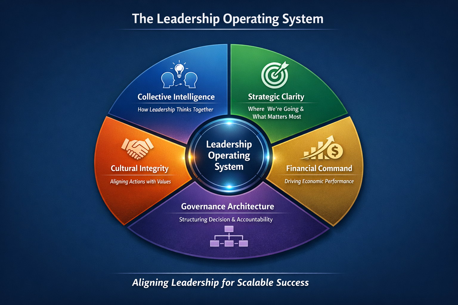 The leadership operating system: Collective Intelligence, Strategic Clarity, Financial Commend, Governance Architect, Culutural integrity.