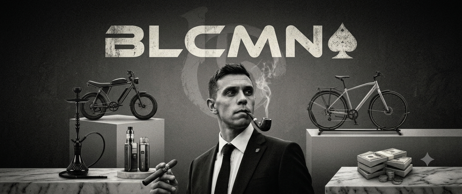 BLCMN premium catalog banner featuring smoking accessories and electric bikes