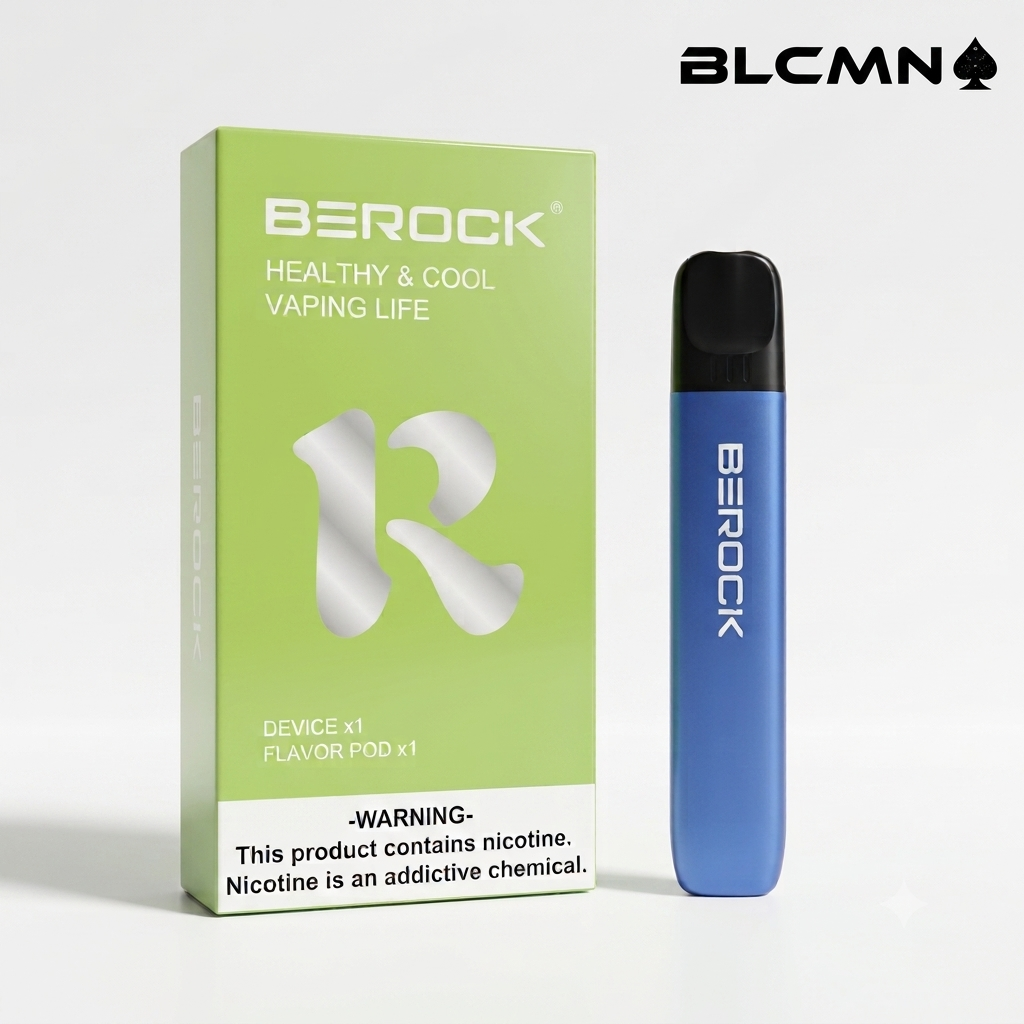 Clean 3D product shot of the Berock Rechargeable Closed Pod System on a crisp white background. Features a light green retail box on the left and a sleek, metallic blue vape device standing vertically on the right. The official BLCMN logo with a spade icon is positioned clearly in the top right corner.