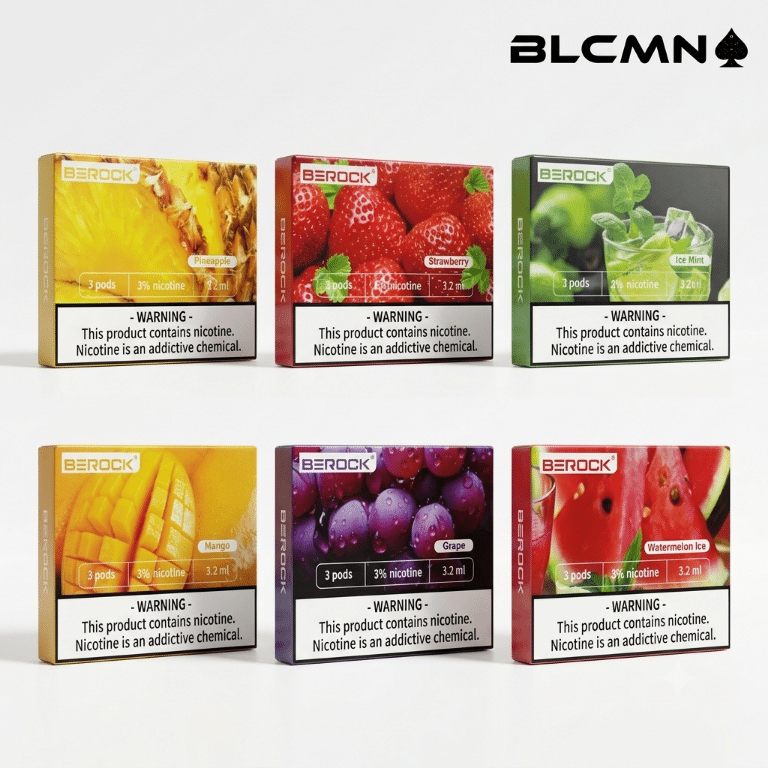 A professional 3D grid layout showcasing six colorful packs of Berock 3-in-1 replacement pods on a solid white background. The packs are cleanly aligned in two rows of three, showcasing various fruit flavor designs: Pineapple, Strawberry, Ice Mint, Mango, Grape, and Watermelon Ice. The official BLCMN logo with a spade icon rests in the top right corner.