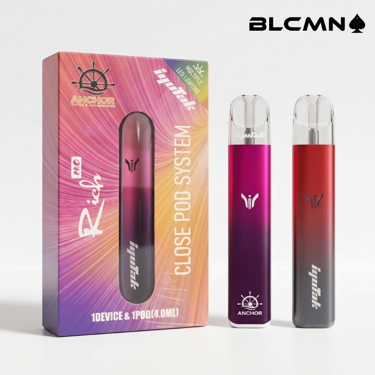 A crisp 3D product shot of the Iyutak Rich Pro Closed Pod System set against a solid white background. On the left sits the colorful gradient retail box displaying the Anchor logo, and on the right stand two sleek vape pens in deep purple and vibrant red metallic gradients. The official BLCMN logo with a black spade icon is placed perfectly in the top right corner.