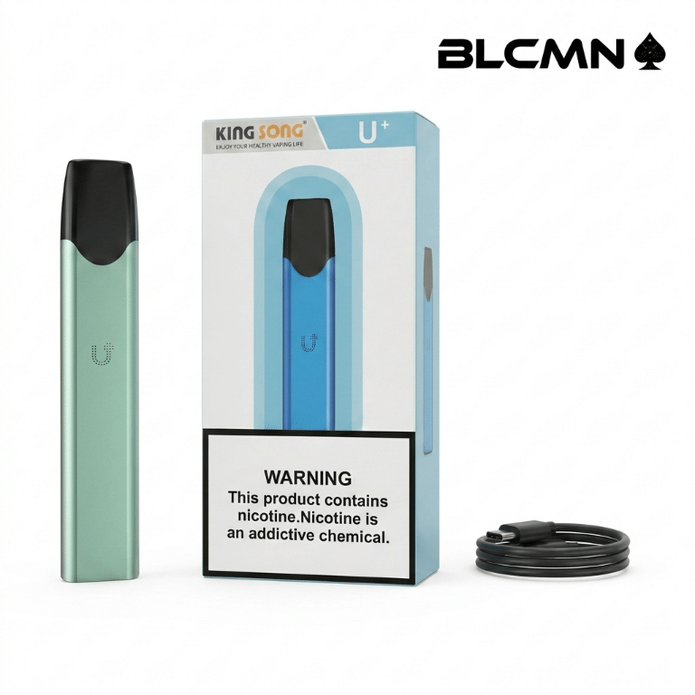 Kingsong U+ closed pod vape device and starter kit packaging box with BLCMN logo