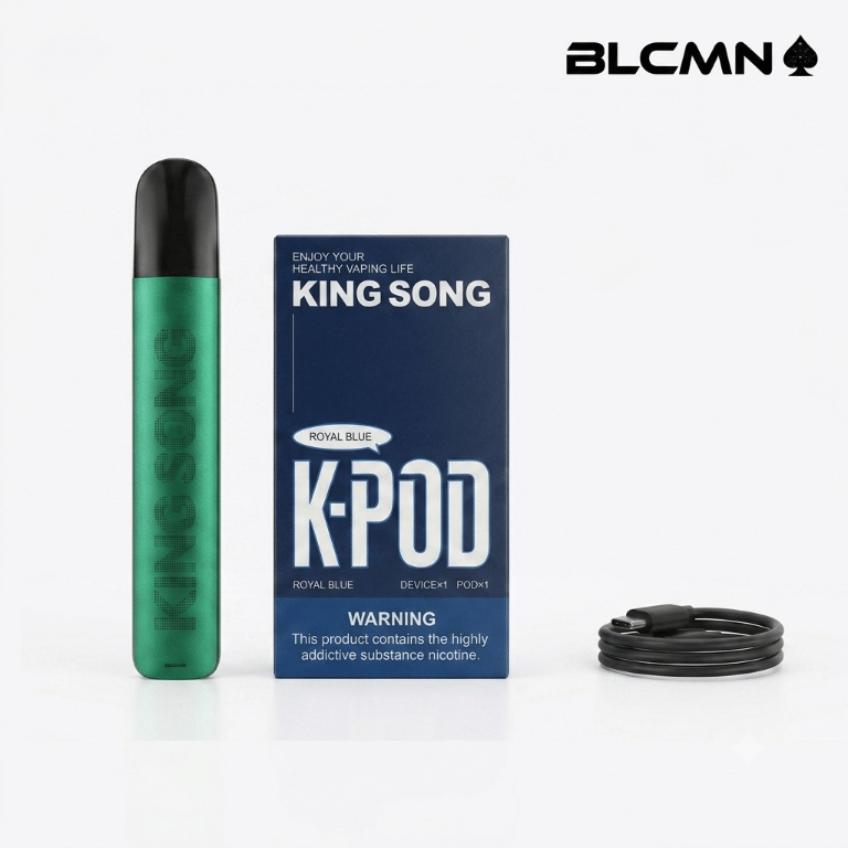 King Song K-Pod closed pod system starter kit presentation with device, retail packaging box, and charging cable on a clean white background with the BLCMN logo.