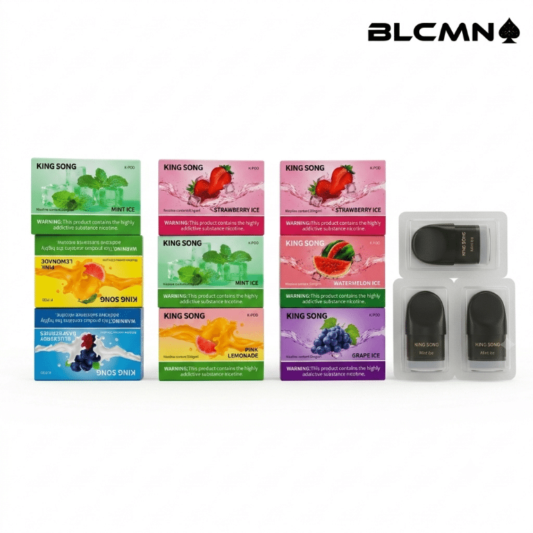 Kingsong K-Pod replacement pod boxes in a multi-flavor grid display next to three individual pre-filled flavor pods on a clean white background with the BLCMN logo.