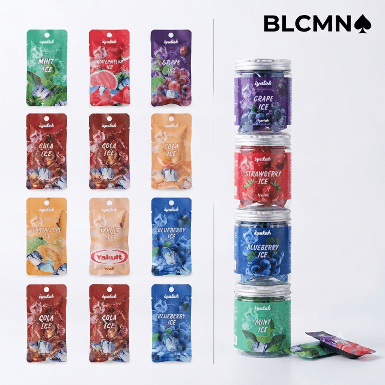A square 1080x1080 pixel product display on a clean white background. The left side features a 4x3 grid of various Iyutak flavor pods in their individual packaging, showcasing vibrant branding for options like Mint Ice, Watermelon Ice, and Cola Ice. To the right, four clear plastic jars filled with various flavor pods are stacked vertically. The top right corner displays the minimalist black BLCMN♠️ logo.