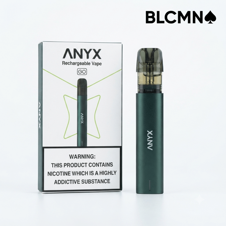 A square 1080x1080 pixel product display showcasing the Anyx Go Rechargeable Vape against a clean white backdrop. On the left stands the white and green retail packaging featuring the Anyx Go branding and a warning label. On the right stands the assembled dark green metallic Anyx Go vape device with a clear pre-filled pod attached. The top right corner displays the minimalist black BLCMN♠️ logo.